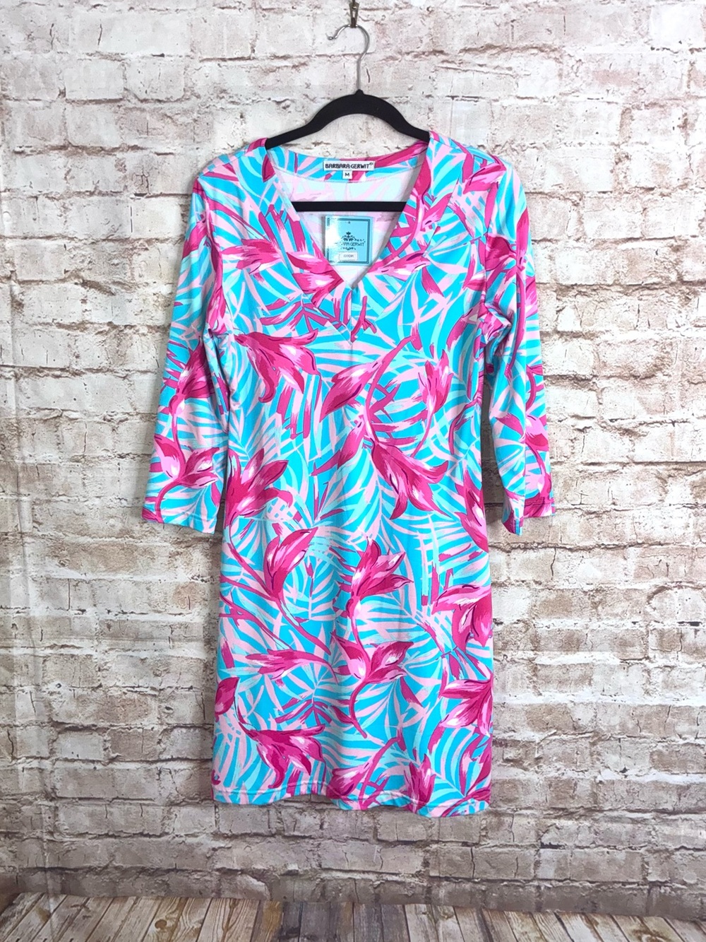 Barbara Gerwit Jersey Shift Dress in Pink Palm Print Size Medium NEW